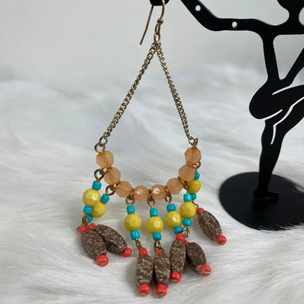 Boho Beaded Dangle & Drop Brown, Yellow, Blue Chain Pierced Earrings
